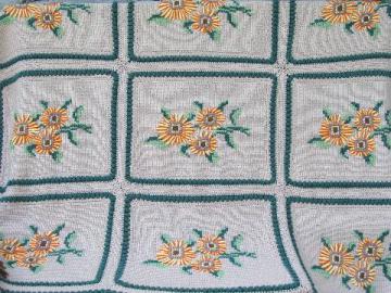 hand-crocheted bedspread w/ yarn embroidered sunflowers, very retro!