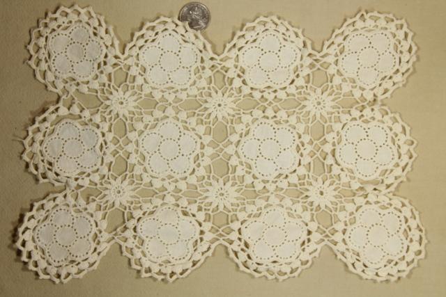 handmade antique linen and lace placemats & table runner, round fabric motifs joined w/ crochet
