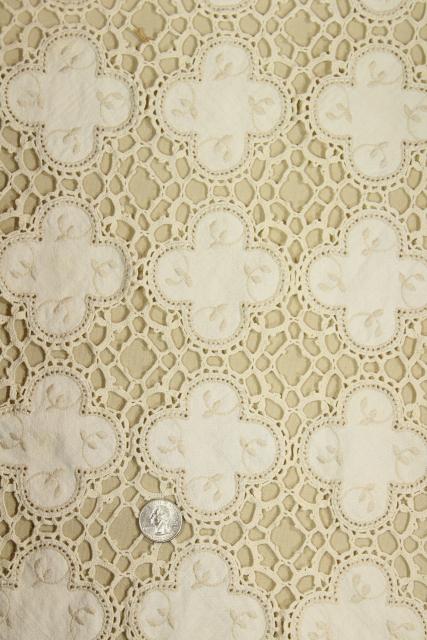handmade antique linen and lace placemats & table runner, round fabric motifs joined w/ crochet
