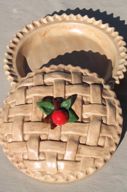 handmade ceramic cherry pie dish, pan w/ lattice crust cover & cherries