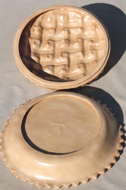 handmade ceramic cherry pie dish, pan w/ lattice crust cover & cherries