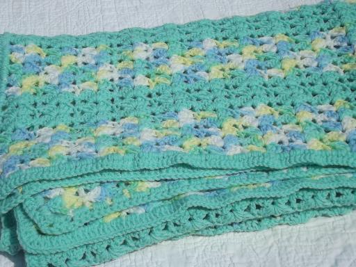 handmade crochet baby blanket afghan, soft green, yellow, sky blue