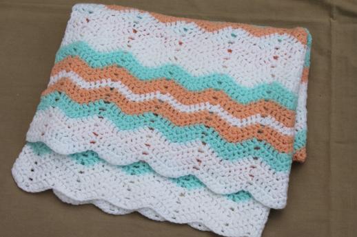handmade crochet baby blanket afghan, striped chevrons in coral & mint green