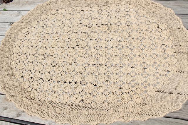 handmade crochet lace oval tablecloth, lacy shabby chic vintage ecru cotton table cover
