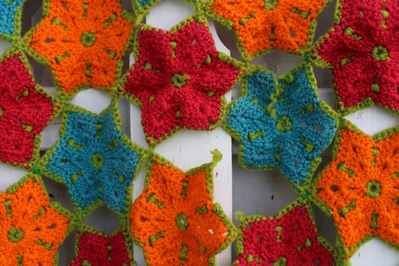 handmade flowers crochet afghan, vintage wool throw blanket orange red aqua w/ green