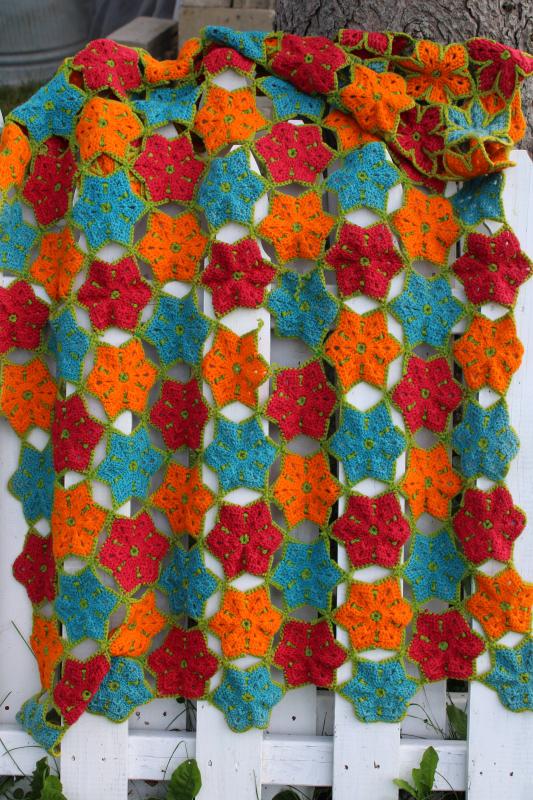handmade flowers crochet afghan, vintage wool throw blanket orange red aqua w/ green