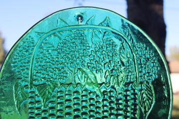 handmade glass suncatcher, teal green pressed glass plate, Nantucket basket of flowers