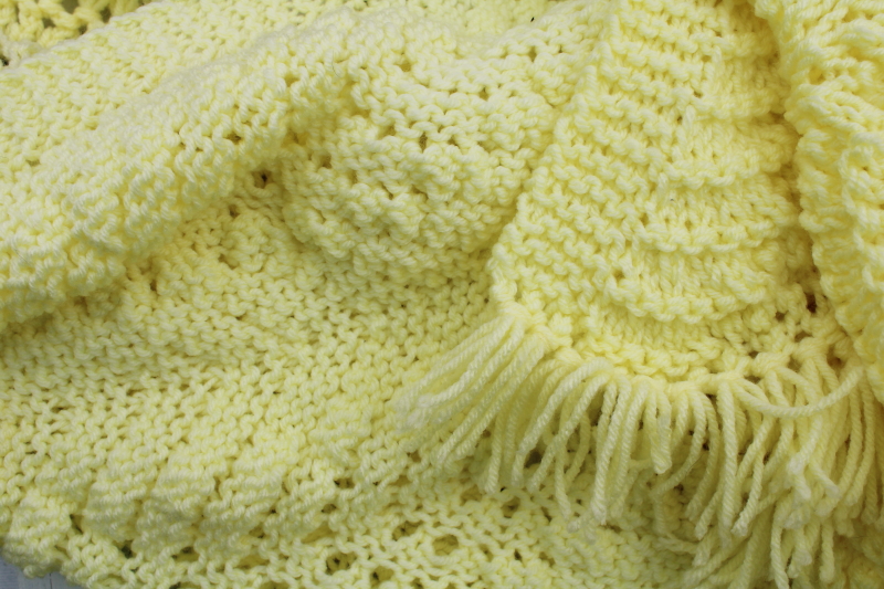 handmade knitted lace afghan, fringed throw blanket lemonade yellow color