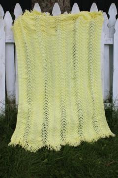 handmade knitted lace afghan, fringed throw blanket lemonade yellow color