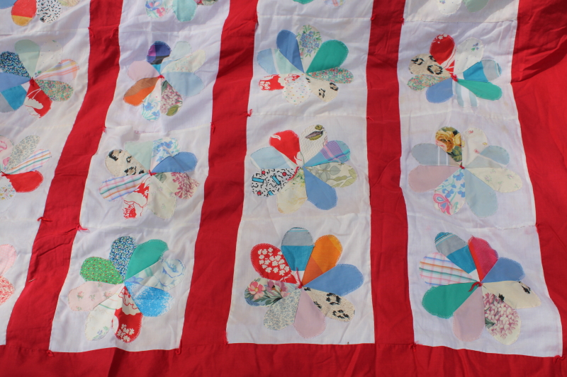 handmade machine sewn vintage quilt, colorful prints retro daisy flowers w/ red border