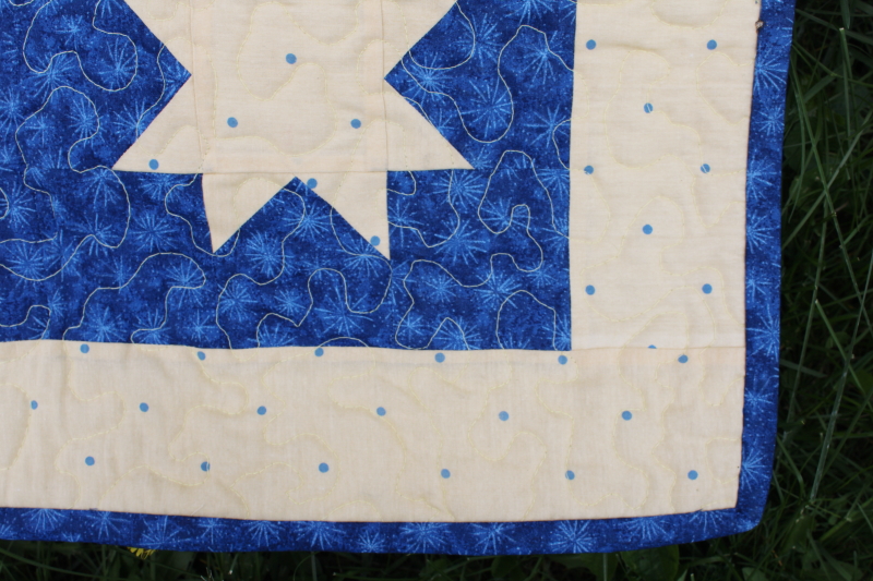handmade mini quilt cotton patchwork wall hanging, starry night yellow stars on blue