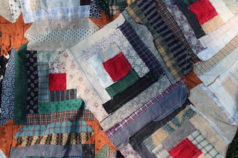 handmade patchwork quilt top, star log cabin pieced pattern cotton prints 1990s vintage