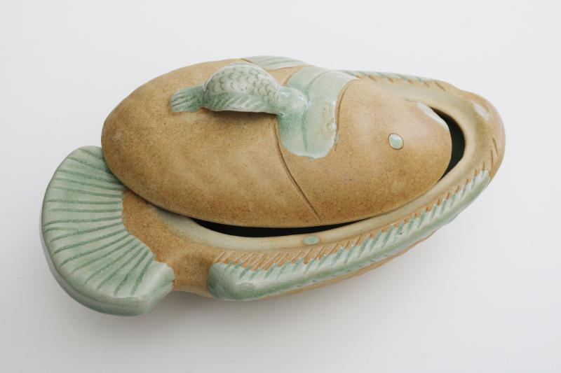 handmade pottery fish shape covered dish, rustic rough clay w/ celadon green glaze