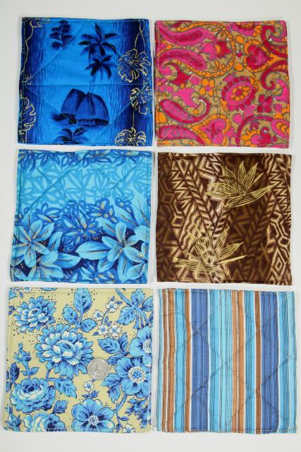 handmade quilted square hot mat pads or pot holders, bright print cotton fabric