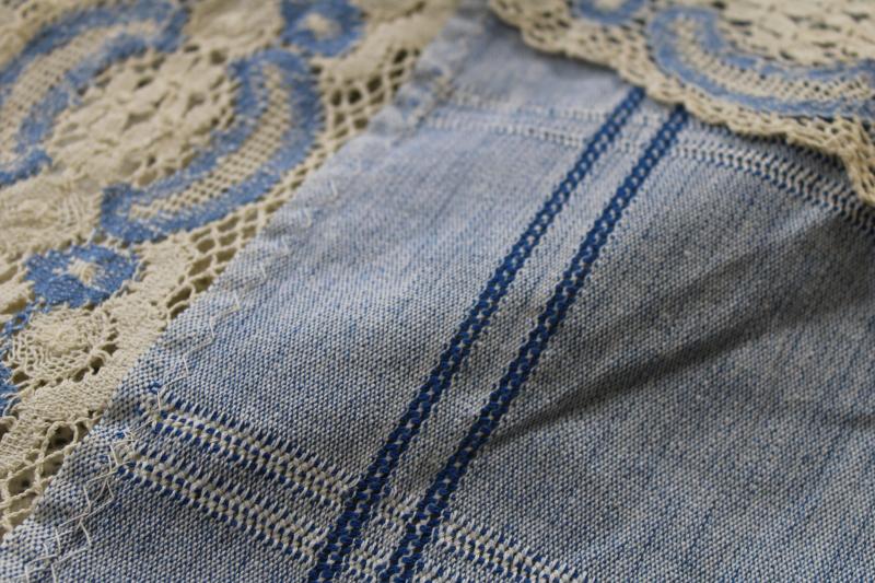 handmade table cover w/ vintage lace edging, blue cotton tablecloth w/ wide panels of lace