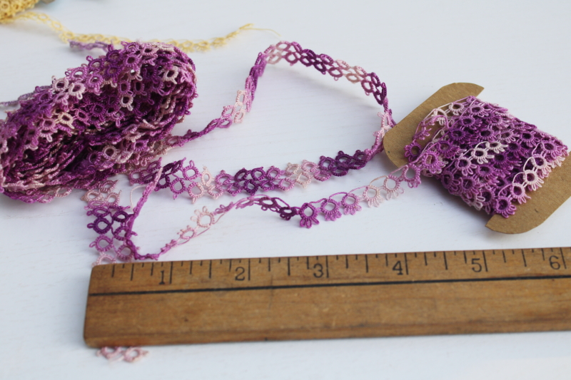 handmade tatted lace edging, unused vintage cotton thread lace trim in blue and lavender purple tatting