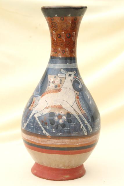 handmade vintage Mexican pottery vase, Tonala burnished clay urn w/ white deer