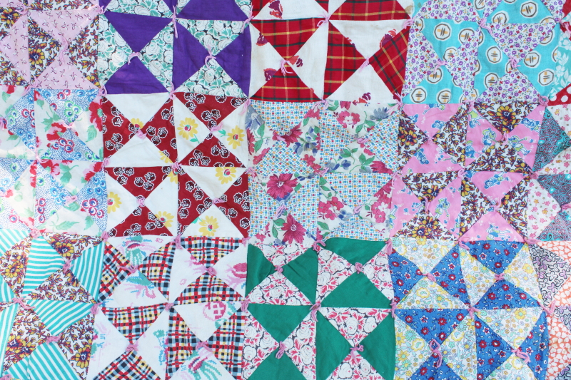 handmade vintage bow tie patchwork quilt colorful cotton prints  feedsack fabric