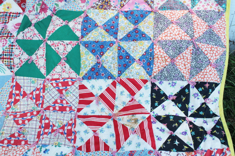 handmade vintage bow tie patchwork quilt colorful cotton prints  feedsack fabric