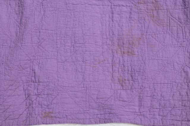 handmade vintage cotton quilt star pattern in lemon yellow & grape purple lavender