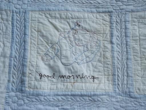 handmade vintage crib quilt, baby's day embroidered blocks, 1940s 50s