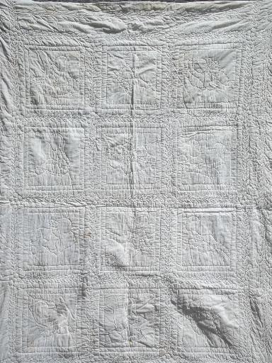 handmade vintage crib quilt, baby's day embroidered blocks, 1940s 50s