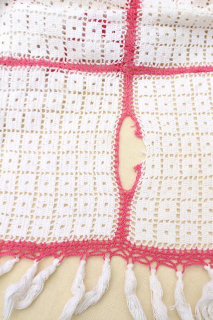 handmade vintage crochet cotton lace bedspread, lacy white blocks w/ pink