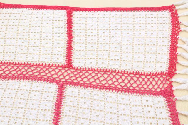 handmade vintage crochet cotton lace bedspread, lacy white blocks w/ pink