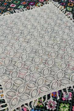 handmade vintage crochet lace table cover, tablecloth or lacy throw, heavy fringed cotton lace