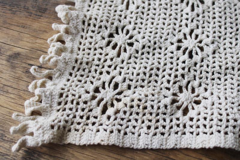 handmade vintage crochet lace table runner, heavy white cotton cozy cottage farmhouse style