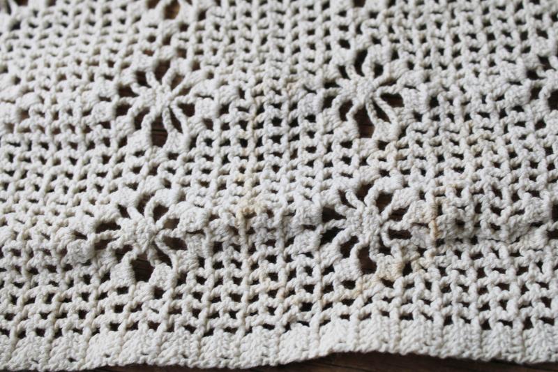 handmade vintage crochet lace table runner, heavy white cotton cozy cottage farmhouse style