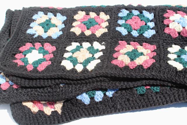 handmade vintage granny square crochet afghan, black w/ retro 80s colors