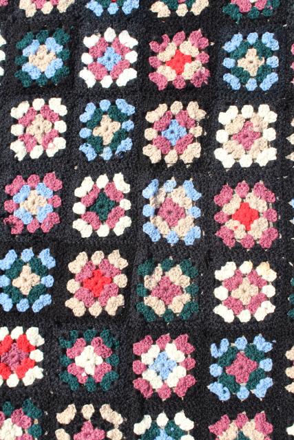 handmade vintage granny square crochet afghan, black w/ retro 80s colors