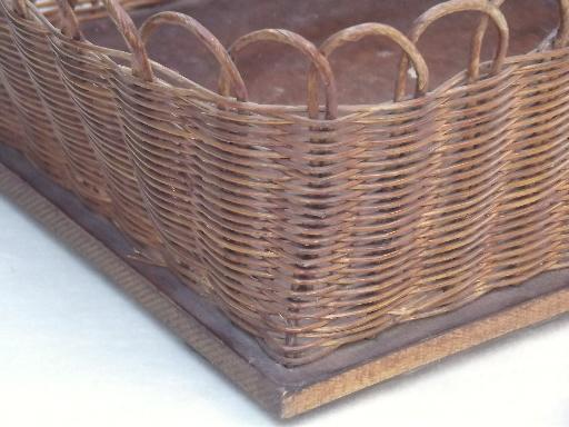 handmade vintage sewing basket, square woven reed 'bowl' on wood board