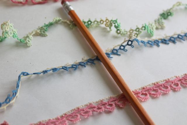 handmade vintage tatting & crochet lace edgings, sewing trim, pink blue green colored cotton