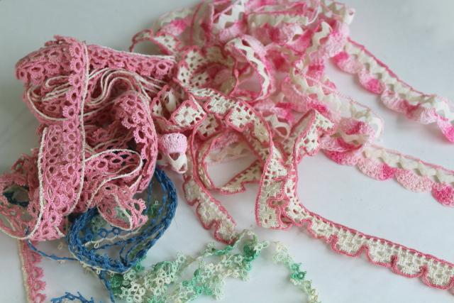handmade vintage tatting & crochet lace edgings, sewing trim, pink blue green colored cotton