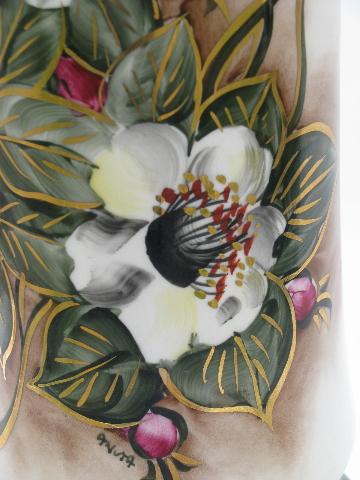hand-painted Christmas roses, vintage 1940's china table lamp