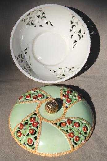 hand-painted Japan china rose jar potpourri dish, pierced bowl w/ dried flowers