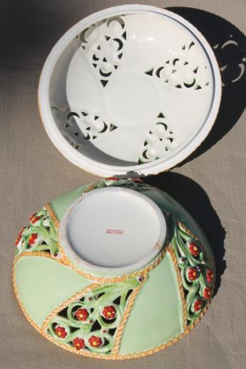 hand-painted Japan china rose jar potpourri dish, pierced bowl w/ dried flowers