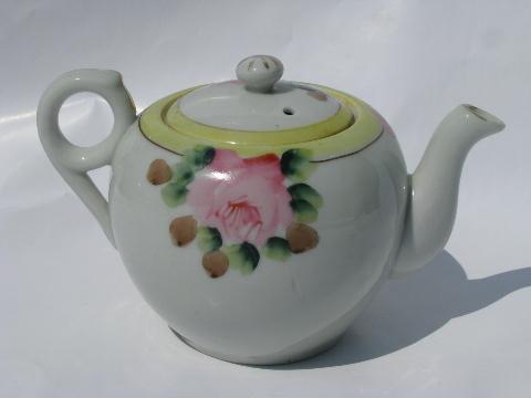 hand-painted Japan vintage china tea pot, pink roses & yellow