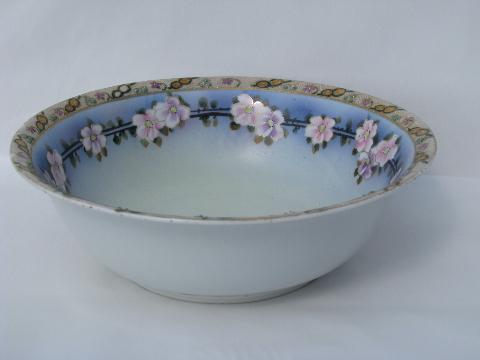 hand-painted Nippon antique china bowl, dusk blue/pink roses