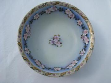hand-painted Nippon antique china bowl, dusk blue/pink roses