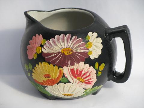 hand-painted flowers on black, vintage Ransburg stoneware pottery pitcher