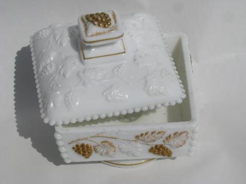 hand-painted gold beaded grape square milk glass box, vintage Westmoreland