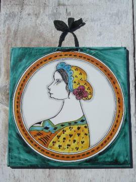 hand-painted lady portrait Italian pottery tile, 60s vintage Italy