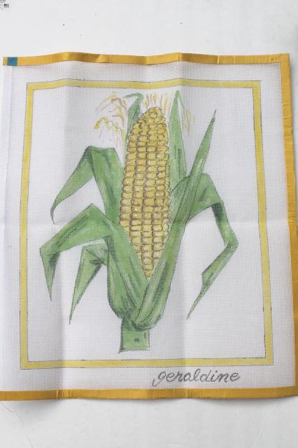 hand-painted needlepoint canvas, ear of sweet corn or farm field corn
