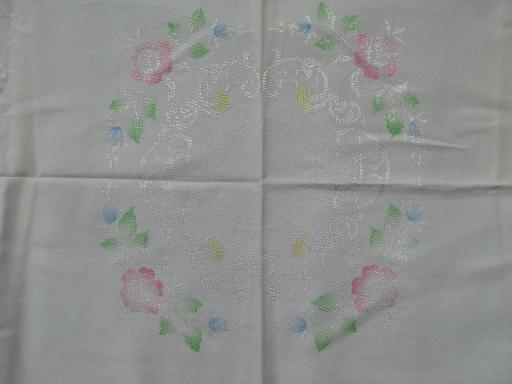 hand-painted pastel tinted flowers damask tablecloth, vintage rayon fabric