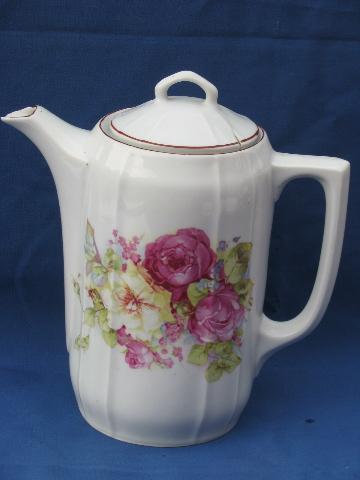 hand-painted roses porcelain, antique vintage Germany china coffee pot
