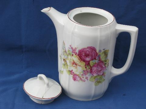hand-painted roses porcelain, antique vintage Germany china coffee pot