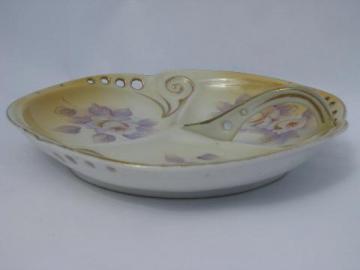 hand-painted roses porcelain, vintage divided bowl, china nappy w/ handle